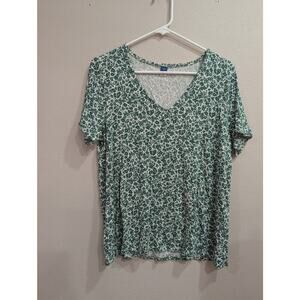 Pretty white & green floral luxe cotton v-nexk T-shirt by Old Navy size Large